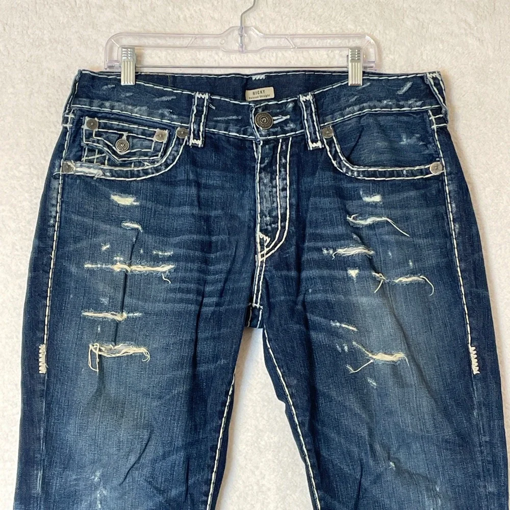True Religion Ricky Relaxed Straight Super T Distressed Jeans Blue Mens 34